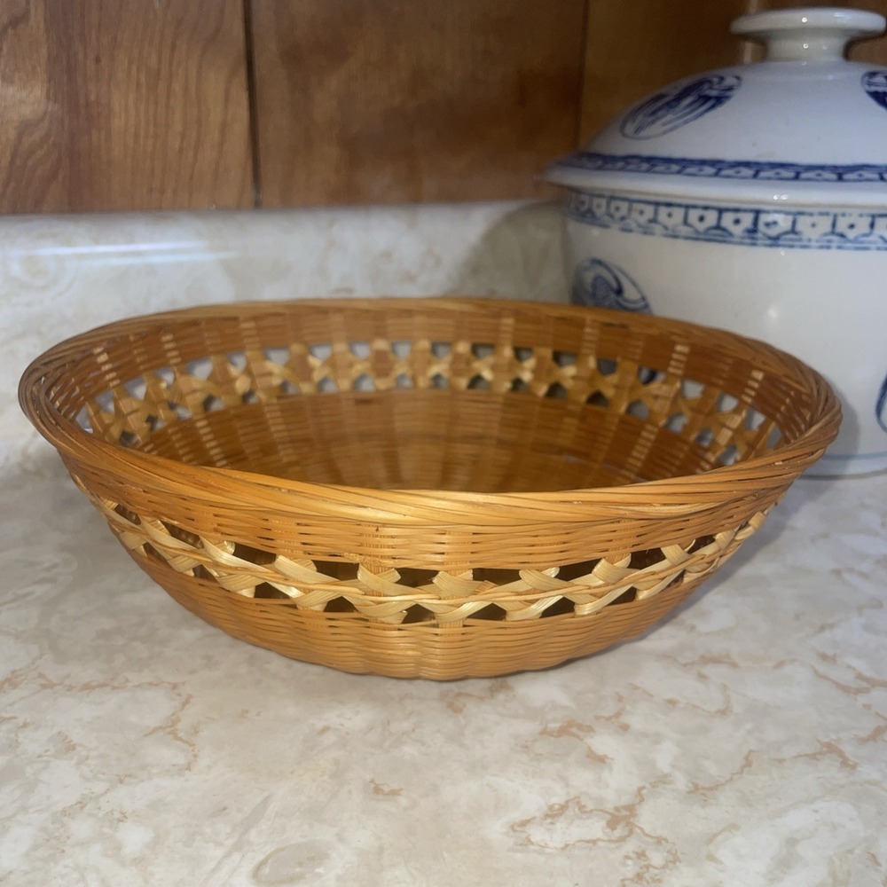 Vintage Rattan Natural Wood Woven Basket 9" Round Two‎ Tone